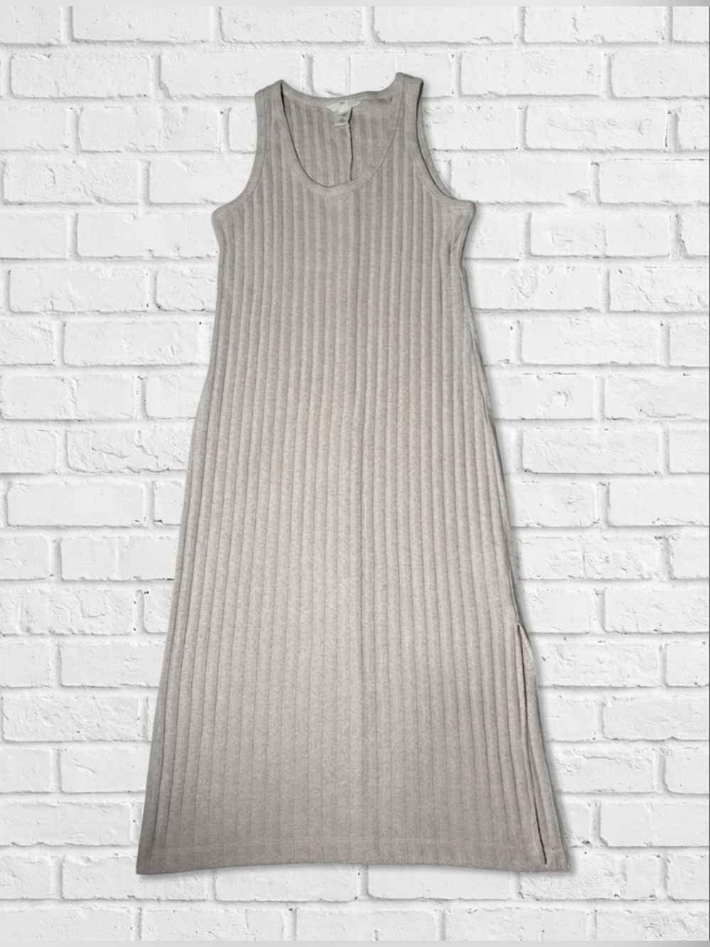 H&M Rib-Knit Sleeveless Midi Dress Beige Oatmeal Scoop Neck Side Slit Neutral M
